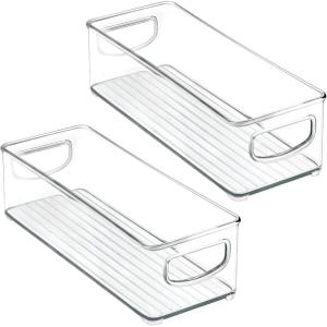 imagemDesign Plastic Long Stackable Storage Organizer Container Organization Bin wHandles for Kitchen Pantry Fridge Freezer Cabinet Perfect to Hold Breast Milk  Ligne Collection  Clear10 x 4 x 3 Pack of 2