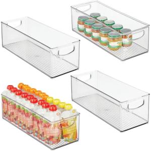imagemDesign Plastic Long Stackable Storage Organizer Container Organization Bin wHandles for Kitchen Pantry Fridge Freezer Cabinet Perfect to Hold Breast Milk  Ligne Collection  Clear16 x 6 x 5 Pack of 4