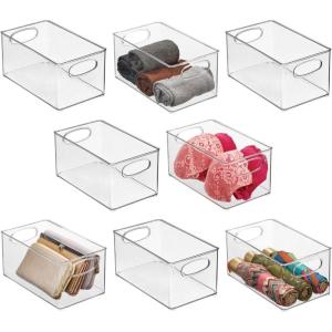 imagemDesign Plastic Home Closet Organizer  Basket Storage Holder Bin with Handles for Bedroom Bathroom Cabinet Shelves Entryway and Hallway  Holds Sweaters Purses  Ligne Collection  4 Pack Clear10 x 6 x 5 Pack of 8