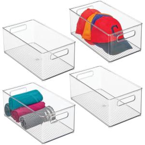 imagemDesign Plastic Home Closet Organizer  Basket Storage Holder Bin with Handles for Bedroom Bathroom Cabinet Shelves Entryway and Hallway  Holds Sweaters Purses  Ligne Collection  4 Pack Clear146 x 81 x 6 Pack of 4