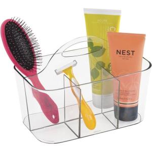 imagemDesign Small Plastic Portable Shower Basket Caddy Organizer Tote with Handle for Dorm Bathroom Shelf Cabinet Holds Soap Shampoo Conditioner Combs Brushes Lumiere Collection Dark Aqua TintClear