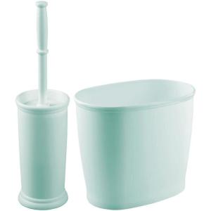imagemDesign Plastic Compact Toilet Bowl Brush Round Slim Wastebasket Garbage CanRecycling Bin Combo  Bathroom CleaningStorage Holds Tissue Cotton Balls Trash Hyde Collection Set of 2 BronzeMint Green