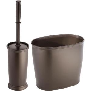imagemDesign Plastic Compact Toilet Bowl Brush Round Slim Wastebasket Garbage CanRecycling Bin Combo  Bathroom CleaningStorage Holds Tissue Cotton Balls Trash Hyde Collection Set of 2 BronzeBronze