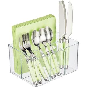 imagemDesign Plastic Cutlery Storage Organizer Bin for Kitchen Cabinet or Pantry  Holds Forks Knives Spoons Napkins  4 Section  Indoor or Outdoor Use  Clear