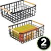 imagemDesign Metal Wire Storage Organizer Basket with Bamboo Wood Handles for Kitchen Pantry Rustic Farmhouse Bin to Store Fruit Coffee Spices Supplies 2 Pack Matte BlackNaturalTan
