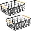 imagemDesign Metal Wire Storage Organizer Basket with Bamboo Wood Handles for Kitchen Pantry Rustic Farmhouse Bin to Store Fruit Coffee Spices Supplies 2 Pack Matte BlackNaturalTan