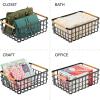 imagemDesign Metal Wire Storage Organizer Basket with Bamboo Wood Handles for Kitchen Pantry Rustic Farmhouse Bin to Store Fruit Coffee Spices Supplies 2 Pack Matte BlackNaturalTan