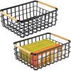 imagemDesign Metal Wire Storage Organizer Basket with Bamboo Wood Handles for Kitchen Pantry Rustic Farmhouse Bin to Store Fruit Coffee Spices Supplies 2 Pack Matte BlackNaturalTan
