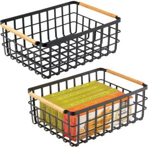 imagemDesign Metal Wire Storage Organizer Basket with Bamboo Wood Handles for Kitchen Pantry Rustic Farmhouse Bin to Store Fruit Coffee Spices Supplies 2 Pack Matte BlackNaturalTan