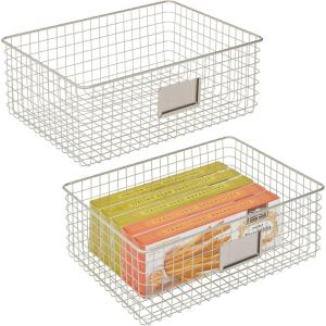 imagemDesign Wide Steel Wired Storage Organizer Bin Baskets with Label Slot for Kitchen Pantry Cabinet Organizing Holder for Food Drinks Snacks Produce Omaha Collection 4 Pack Matte BlackSatin