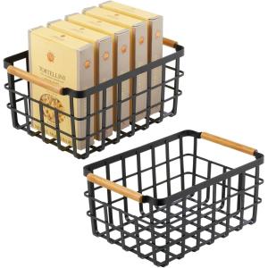 imagemDesign Wire Storage Basket  Wire Basket for Storing Items  Metal Basket for Kitchen Bedroom Bathroom and More  Set of 2  Matte BlackBamboo