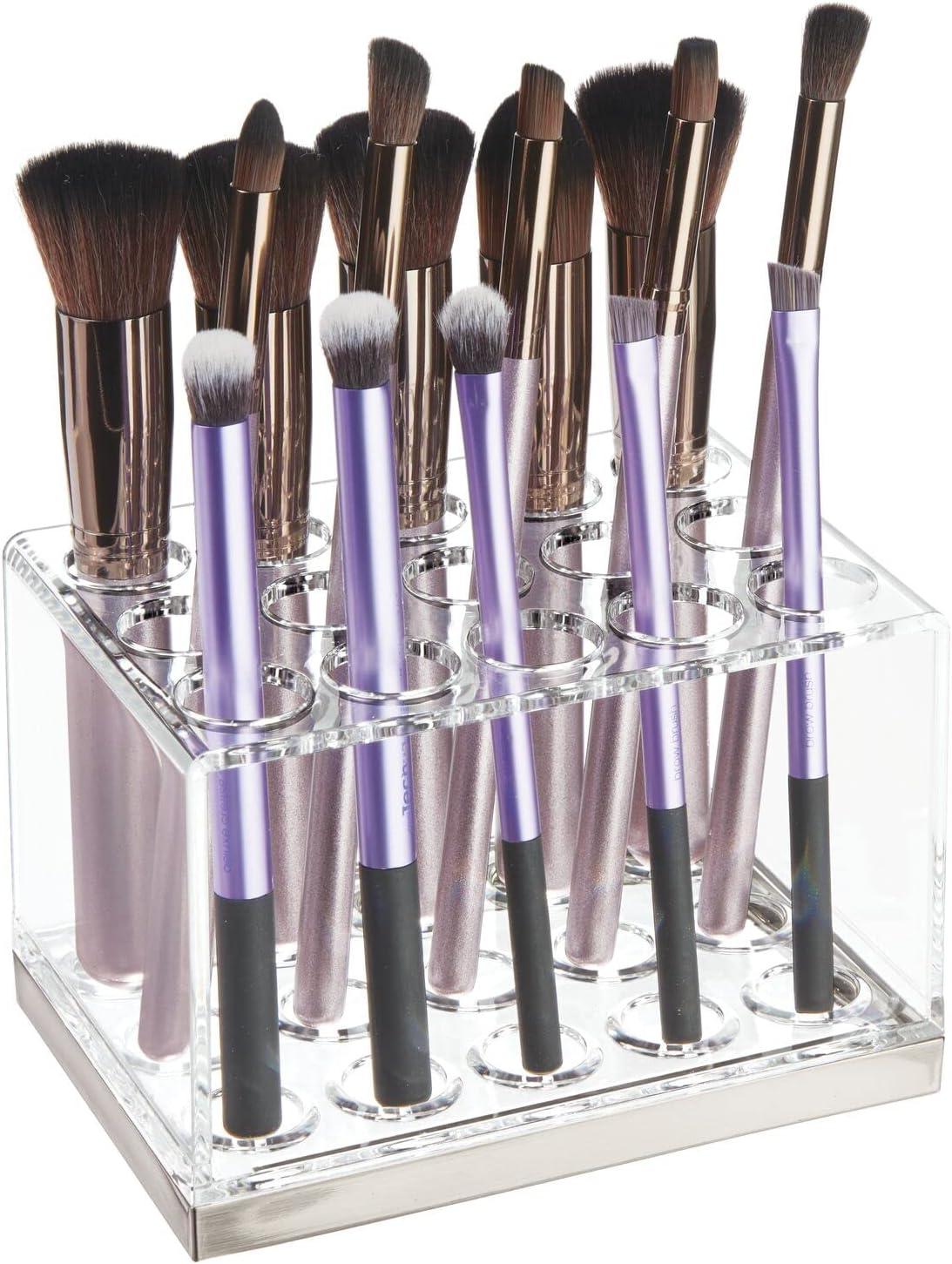 imagemDesign Plastic Makeup Brush Storage Organizer with 15 Slots for Bathroom Countertop Vanity to Hold EyeLip Pencils Lip Gloss Liners Lipstick  ClearBrushed