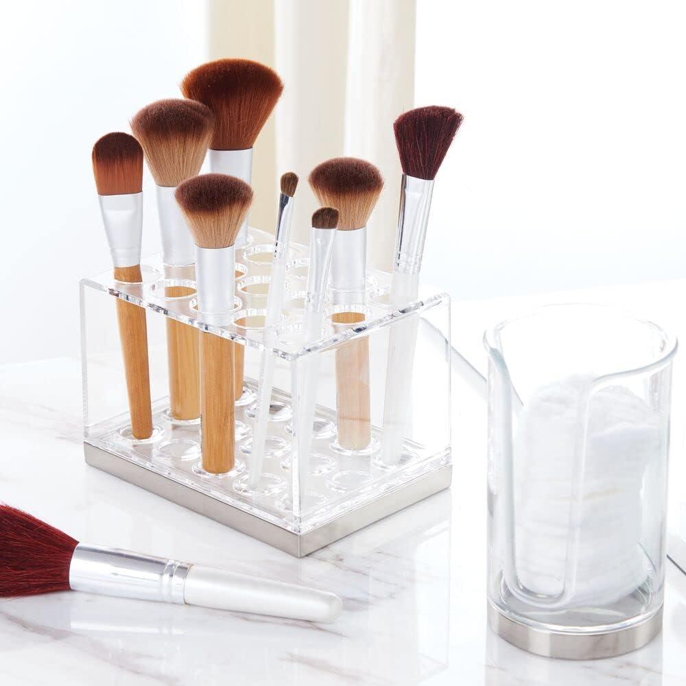 imagemDesign Plastic Makeup Brush Storage Organizer with 15 Slots for Bathroom Countertop Vanity to Hold EyeLip Pencils Lip Gloss Liners Lipstick  ClearBrushed
