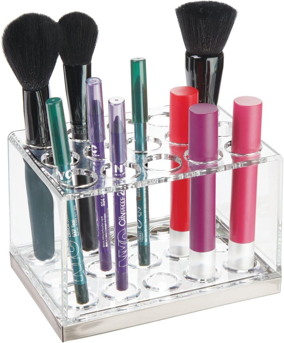 imagemDesign Plastic Makeup Brush Storage Organizer with 15 Slots for Bathroom Countertop Vanity to Hold EyeLip Pencils Lip Gloss Liners Lipstick  ClearBrushed