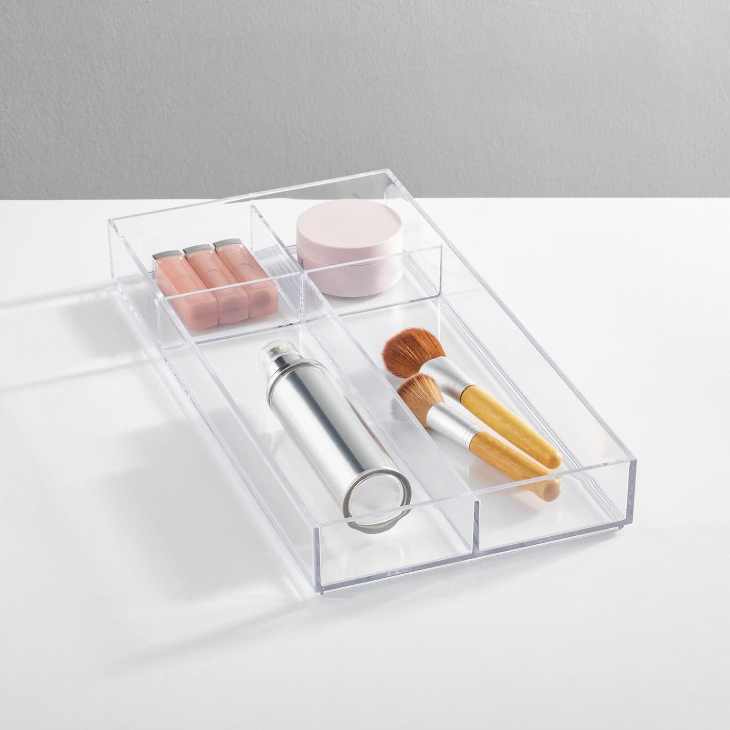 imagemDesign Plastic Divided Makeup Organizer Holder Tray for Bathroom Drawer Vanity Countertop Storage  Cosmetic Organization Holds Palettes Brushes Accessories  Lumiere Collection  Clear