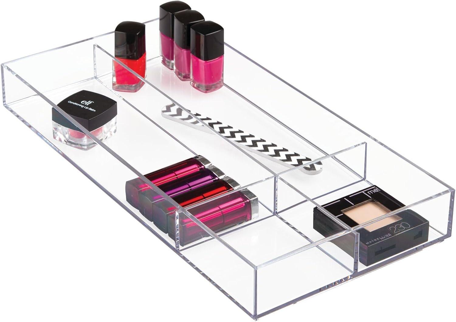 imagemDesign Plastic Divided Makeup Organizer Holder Tray for Bathroom Drawer Vanity Countertop Storage  Cosmetic Organization Holds Palettes Brushes Accessories  Lumiere Collection  Clear
