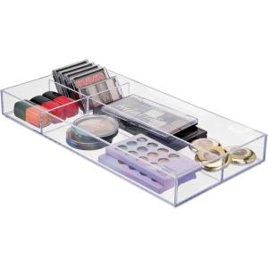 imagemDesign Plastic Divided Makeup Organizer Holder Tray for Bathroom Drawer Vanity Countertop Storage  Cosmetic Organization Holds Palettes Brushes Accessories  Lumiere Collection  Clear