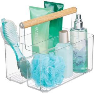imagemDesign Plastic Portable Shower Caddy Divided Basket Bin Storage Organizer with Bamboo Handle for Bathroom Dorm Shelf ampamp Cabinet Holds Shampoo Conditioner  Aura Collection ClearNaturalClearNatural