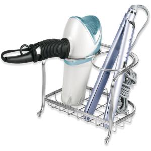 imagemDesign Hair Dryer and Hair Straightener Holder  Ideal for Storage of Hair Dryer Hair Straightener Hair Brushes and More  Metal Hair Dryer Stand  SilverChrome