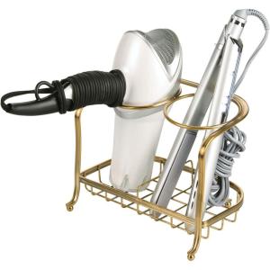 imagemDesign Hair Dryer and Hair Straightener Holder  Ideal for Storage of Hair Dryer Hair Straightener Hair Brushes and More  Metal Hair Dryer Stand  SilverSoft Brass