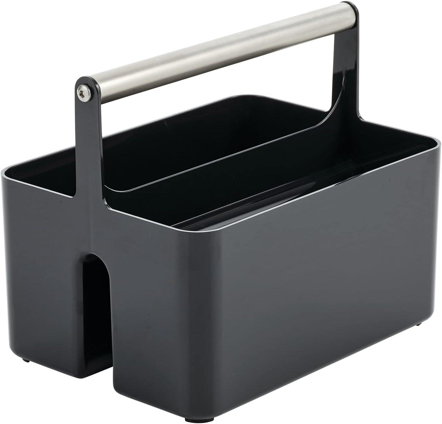 imagemDesign Plastic Shower Caddy Storage Organizer Utility Tote Divided Basket Bin  Metal Handle for Bathroom Dorm Kitchen Holds Soap Shampoo Conditioner  Aura Collection  Olive GreenSatinBlackBrushed