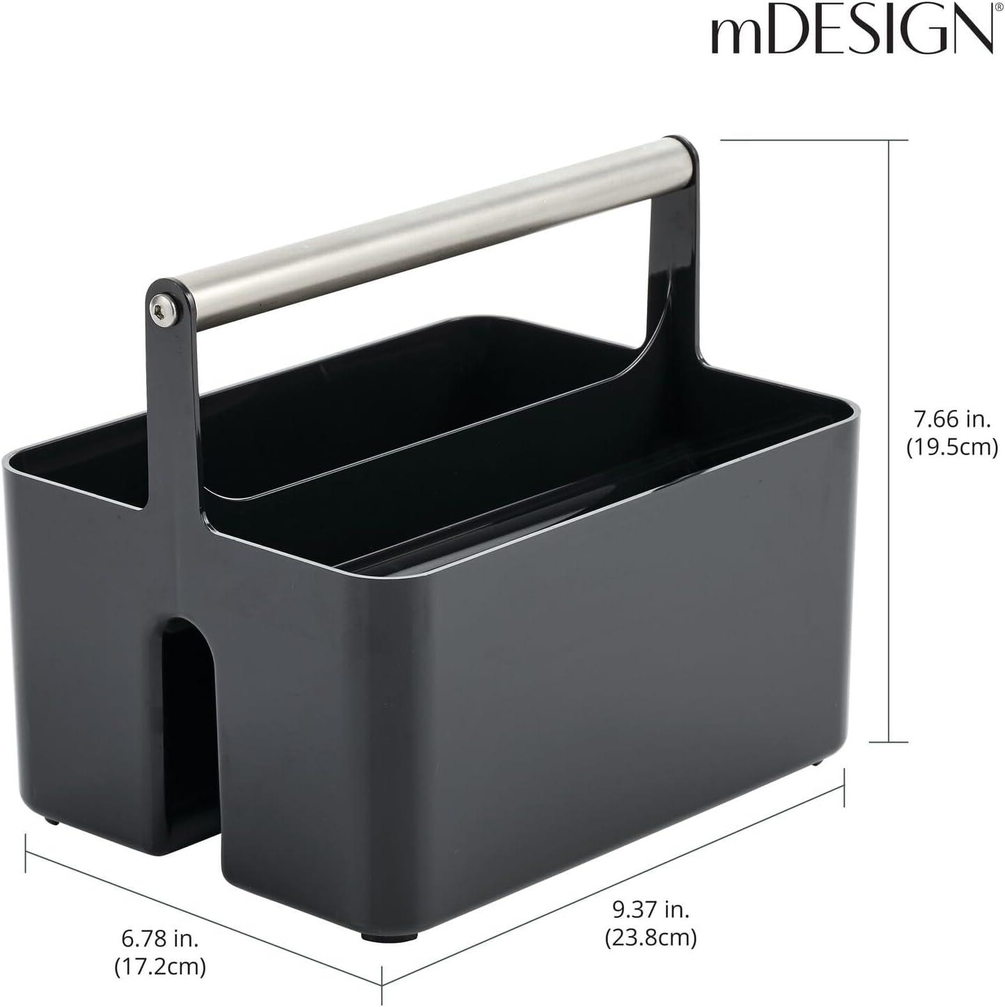 imagemDesign Plastic Shower Caddy Storage Organizer Utility Tote Divided Basket Bin  Metal Handle for Bathroom Dorm Kitchen Holds Soap Shampoo Conditioner  Aura Collection  Olive GreenSatinBlackBrushed
