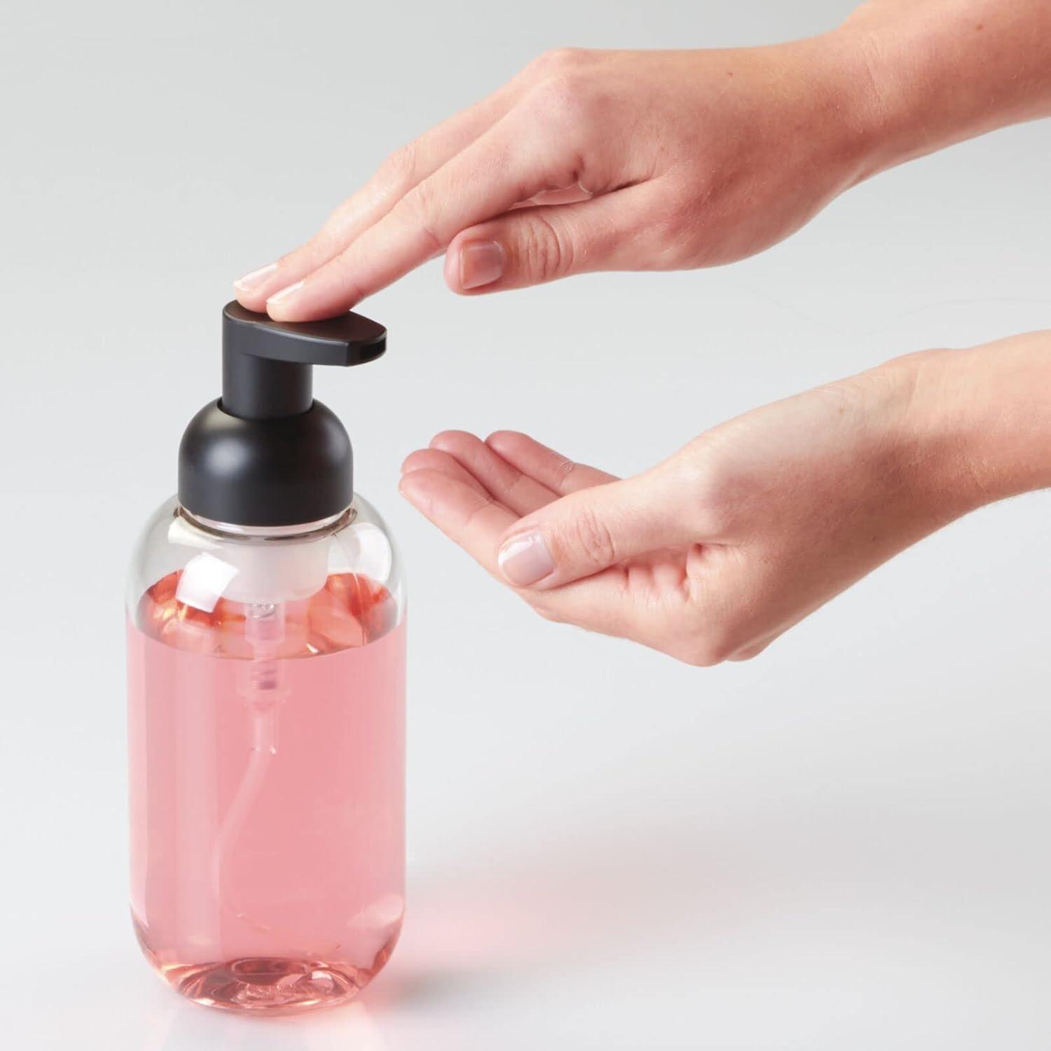 imagemDesign Round Plastic Refillable Foaming Soap Dispenser Pump Bottle for Bathroom Vanity Countertop  VintageInspired Compact Container Design  Twain Collection  2 Pack  ClearBrushed ChromeClearMatte Black