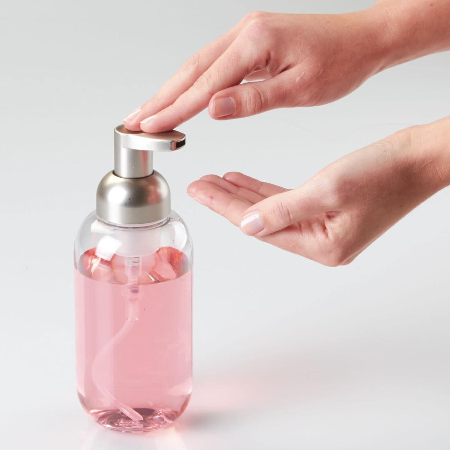 imagemDesign Round Plastic Refillable Foaming Soap Dispenser Pump Bottle for Bathroom Vanity Countertop  VintageInspired Compact Container Design  Twain Collection  2 Pack  ClearBrushed ChromeClearBrushed