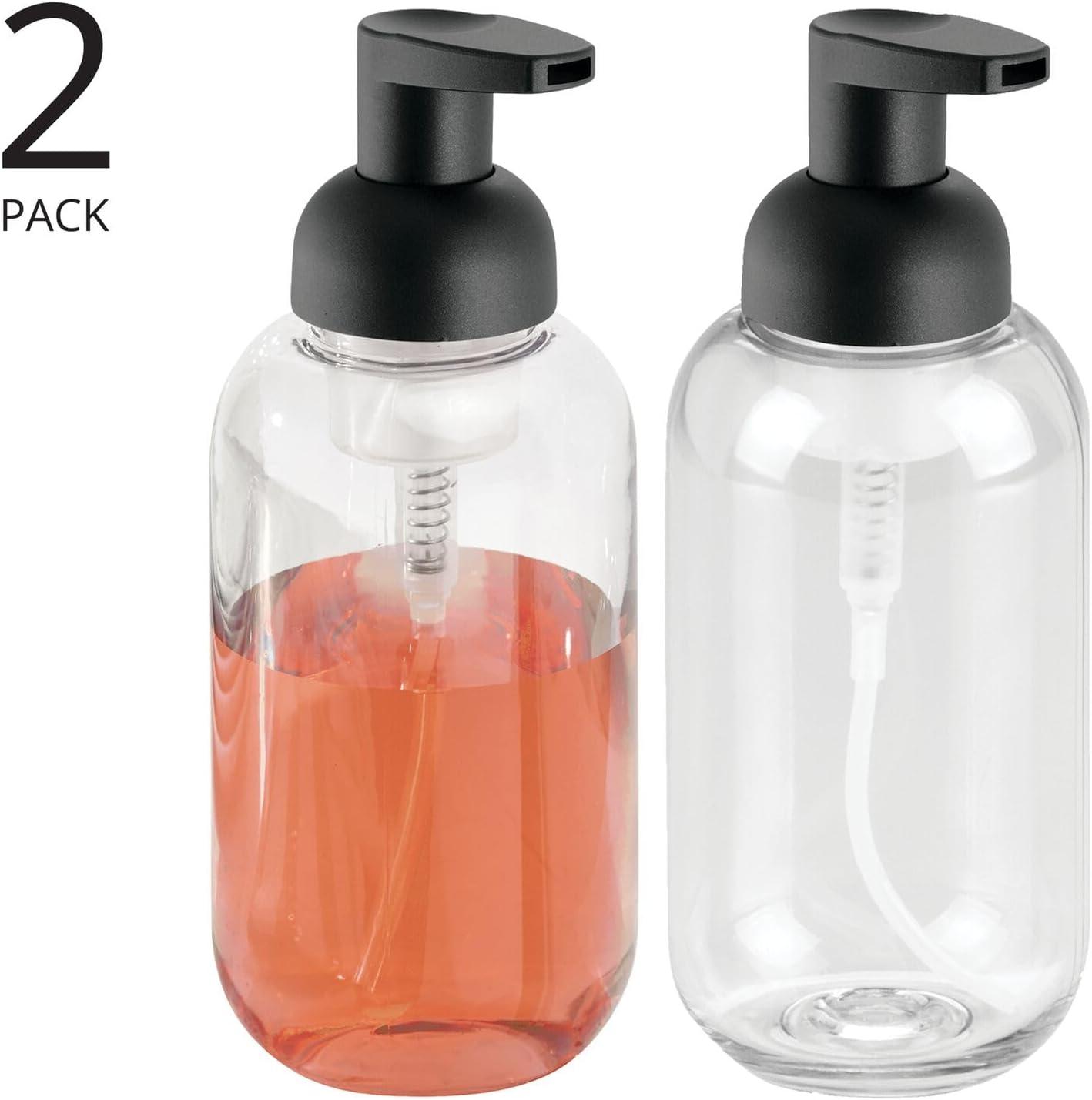 imagemDesign Round Plastic Refillable Foaming Soap Dispenser Pump Bottle for Bathroom Vanity Countertop  VintageInspired Compact Container Design  Twain Collection  2 Pack  ClearBrushed ChromeClearMatte Black