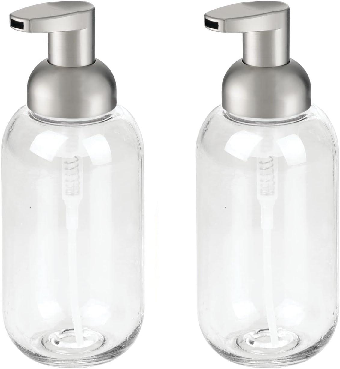imagemDesign Round Plastic Refillable Foaming Soap Dispenser Pump Bottle for Bathroom Vanity Countertop  VintageInspired Compact Container Design  Twain Collection  2 Pack  ClearBrushed ChromeClearBrushed