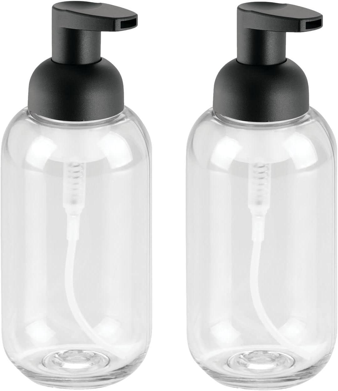 imagemDesign Round Plastic Refillable Foaming Soap Dispenser Pump Bottle for Bathroom Vanity Countertop  VintageInspired Compact Container Design  Twain Collection  2 Pack  ClearBrushed ChromeClearMatte Black