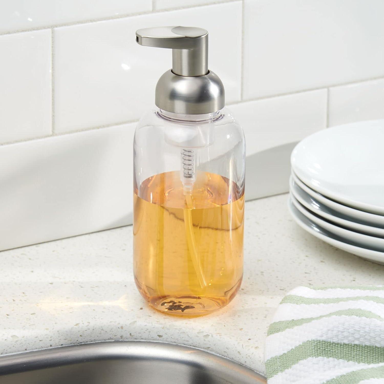imagemDesign Round Plastic Refillable Foaming Soap Dispenser Pump Bottle for Bathroom Vanity Countertop  VintageInspired Compact Container Design  Twain Collection  2 Pack  ClearBrushed ChromeClearBrushed