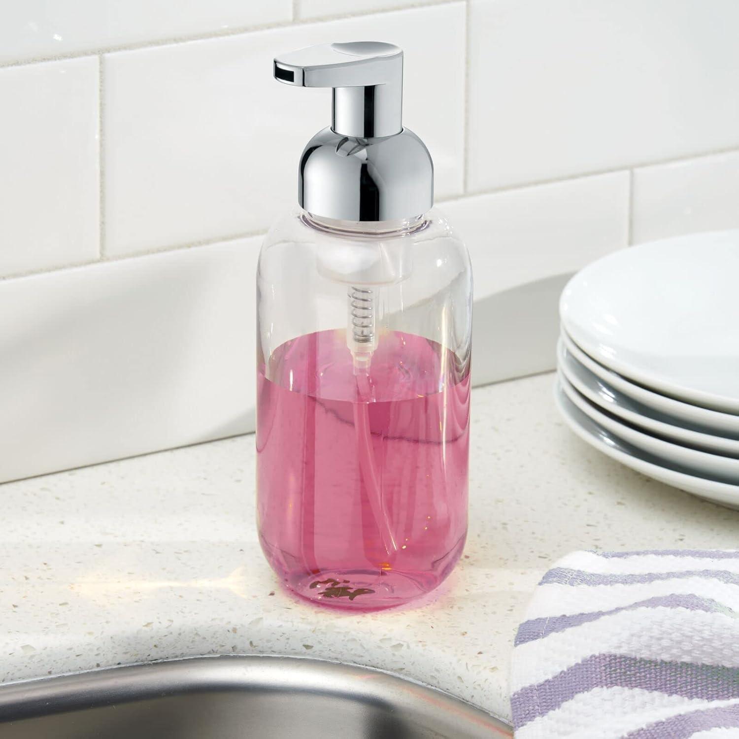 imagemDesign Round Plastic Refillable Foaming Soap Dispenser Pump Bottle for Bathroom Vanity Countertop  VintageInspired Compact Container Design  Twain Collection  2 Pack  ClearBrushed ChromeClearChrome