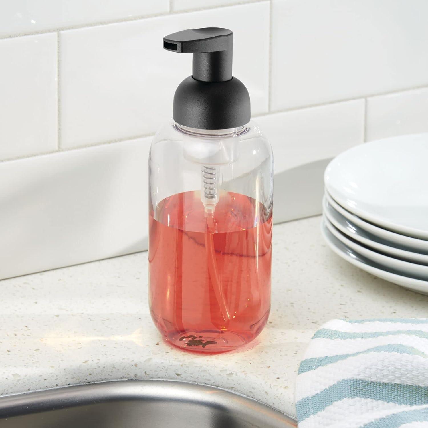 imagemDesign Round Plastic Refillable Foaming Soap Dispenser Pump Bottle for Bathroom Vanity Countertop  VintageInspired Compact Container Design  Twain Collection  2 Pack  ClearBrushed ChromeClearMatte Black