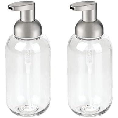imagemDesign Round Plastic Refillable Foaming Soap Dispenser Pump Bottle for Bathroom Vanity Countertop  VintageInspired Compact Container Design  Twain Collection  2 Pack  ClearBrushed ChromeClearBrushed
