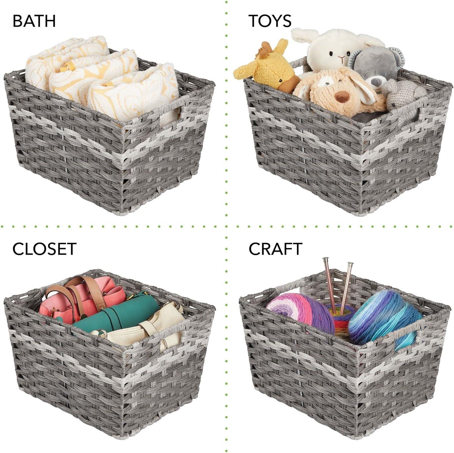 imagemDesign Wide Rectangular Woven Braided Rope Home Storage Baskets with Handles  for Organizing Closet Bedroom Bathroom Living Room Entryway Office  825quot High 2 Pack  Gray
