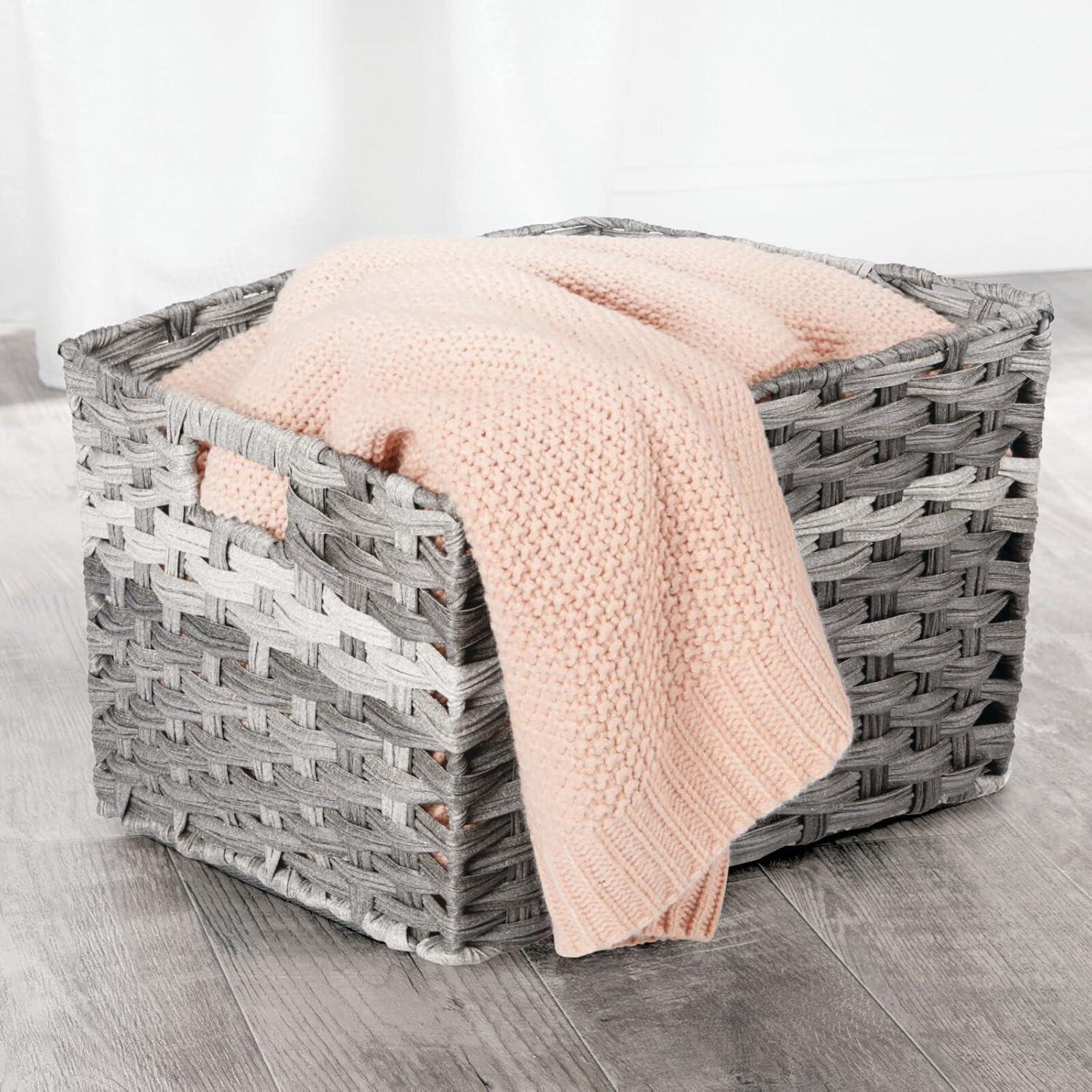 imagemDesign Wide Rectangular Woven Braided Rope Home Storage Baskets with Handles  for Organizing Closet Bedroom Bathroom Living Room Entryway Office  825quot High 2 Pack  Gray