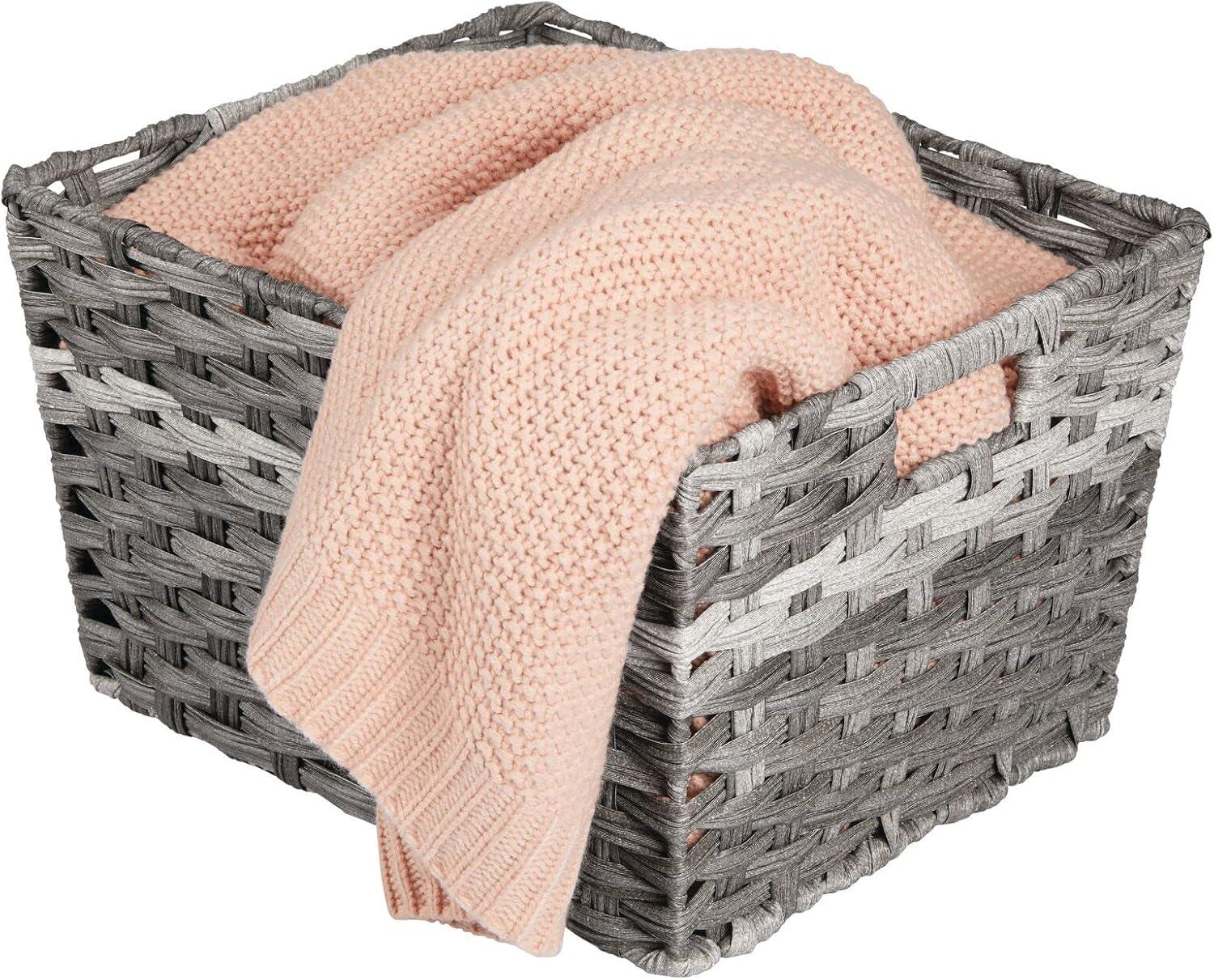 imagemDesign Wide Rectangular Woven Braided Rope Home Storage Baskets with Handles  for Organizing Closet Bedroom Bathroom Living Room Entryway Office  825quot High 2 Pack  Gray