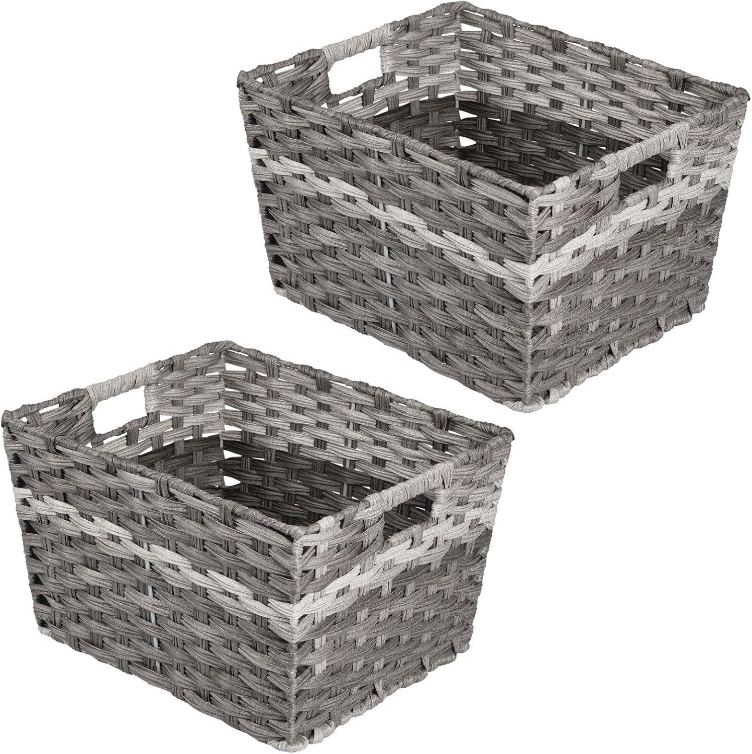 imagemDesign Wide Rectangular Woven Braided Rope Home Storage Baskets with Handles  for Organizing Closet Bedroom Bathroom Living Room Entryway Office  825quot High 2 Pack  Gray