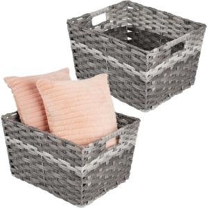 imagemDesign Wide Rectangular Woven Braided Rope Home Storage Baskets with Handles  for Organizing Closet Bedroom Bathroom Living Room Entryway Office  825quot High 2 Pack  Gray