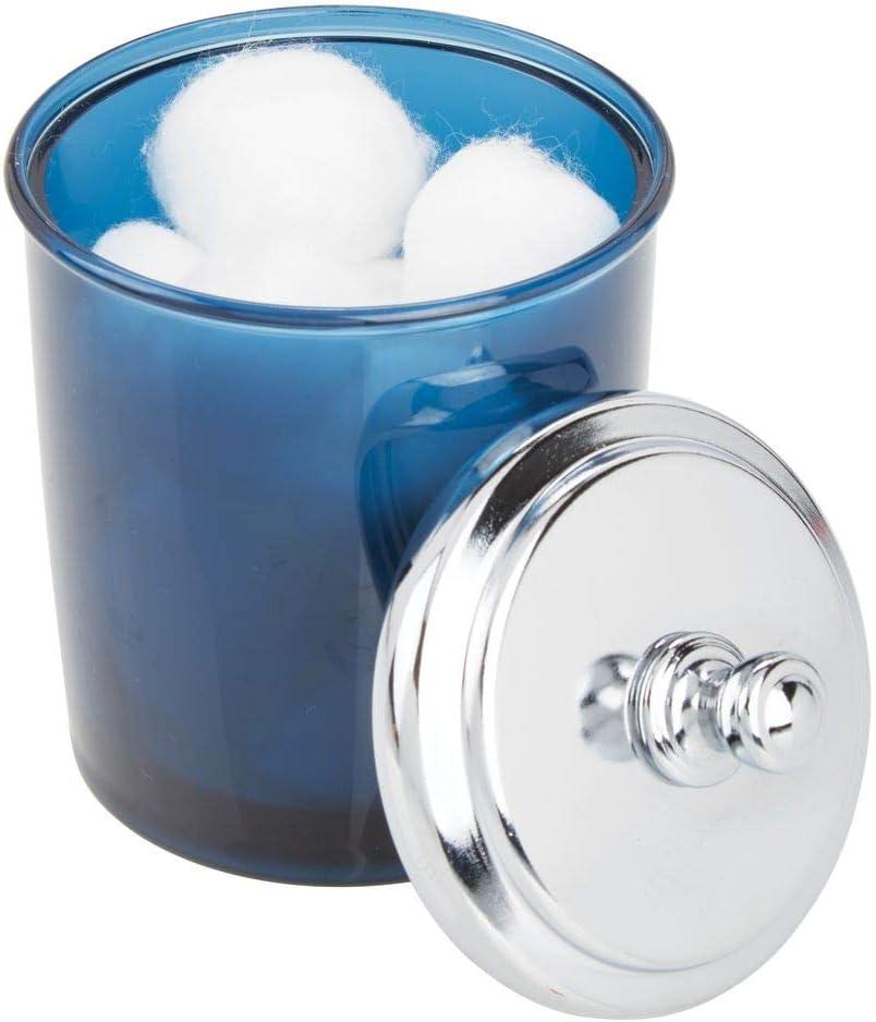 imagemDesign Bathroom Vanity Storage Organizer Apothecary Canister Jar for Cotton Balls Swabs Makeup Sponges Bath Salts Hair Ties Jewelry  Dark BlueChrome Lid