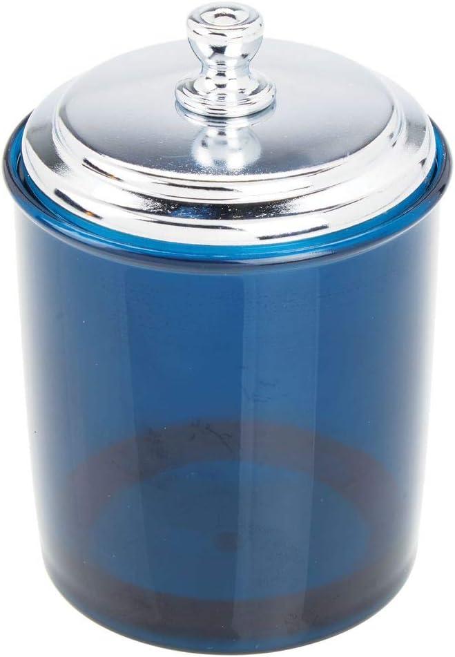 imagemDesign Bathroom Vanity Storage Organizer Apothecary Canister Jar for Cotton Balls Swabs Makeup Sponges Bath Salts Hair Ties Jewelry  Dark BlueChrome Lid