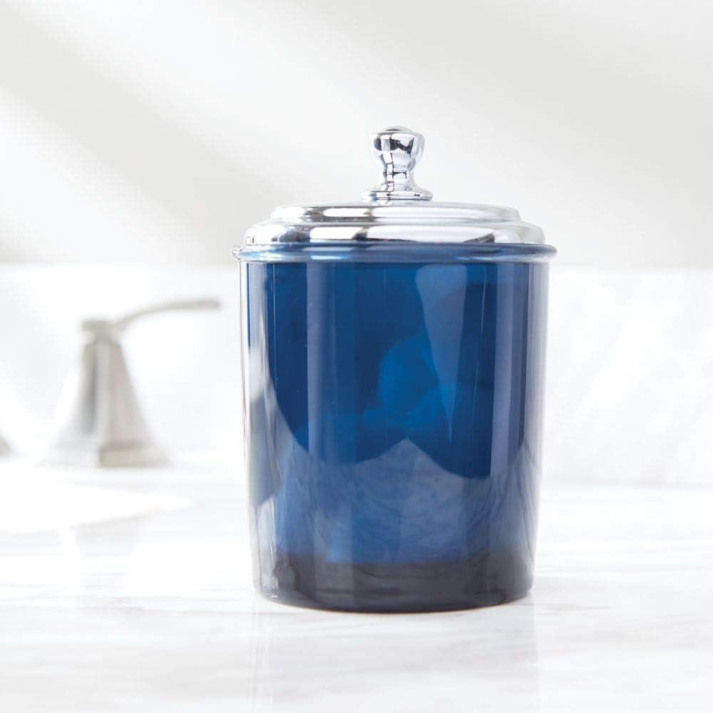 imagemDesign Bathroom Vanity Storage Organizer Apothecary Canister Jar for Cotton Balls Swabs Makeup Sponges Bath Salts Hair Ties Jewelry  Dark BlueChrome Lid