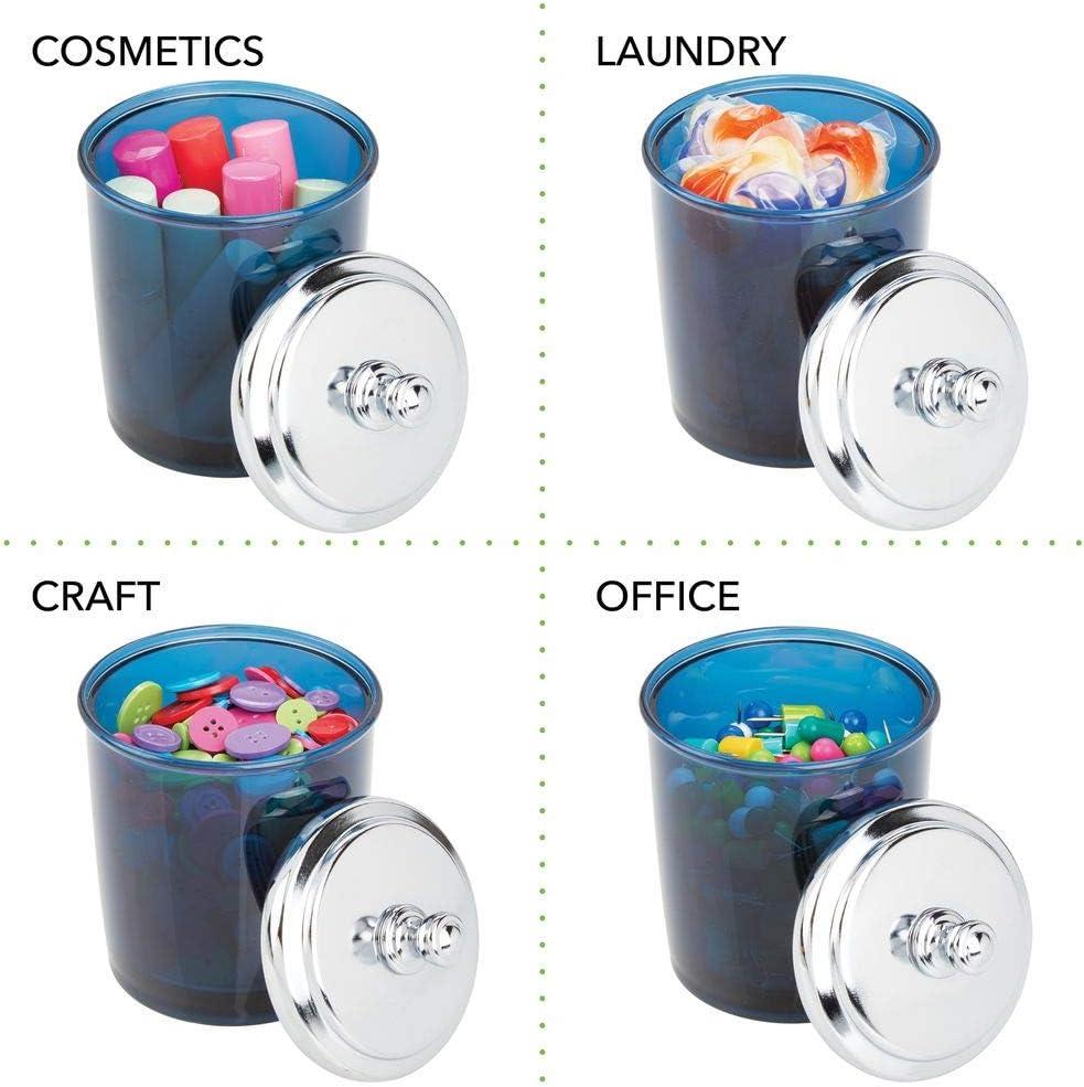 imagemDesign Bathroom Vanity Storage Organizer Apothecary Canister Jar for Cotton Balls Swabs Makeup Sponges Bath Salts Hair Ties Jewelry  Dark BlueChrome Lid