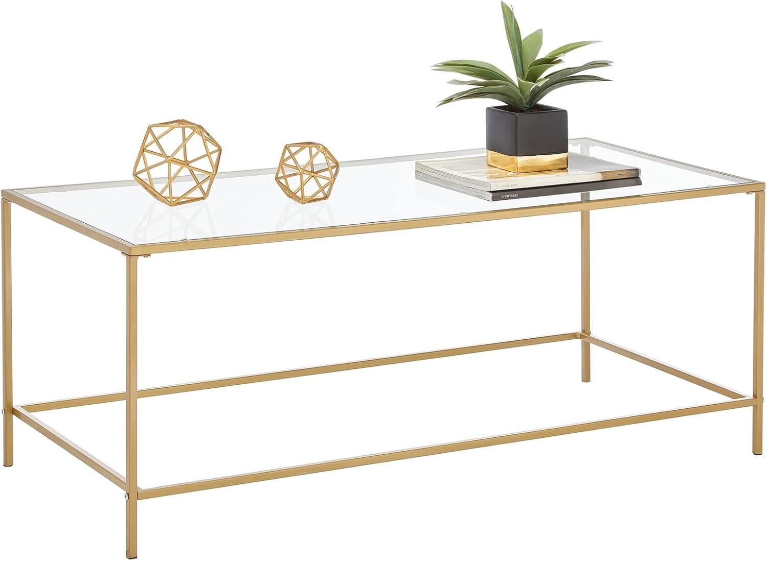 imagemDesign Glass Top Coffee Table  Large Minimalistic Rectangular Geometric Metal Accent Furniture Unit for Living Room Basement Home Office Garage and Bedroom  BlackSoft Brass