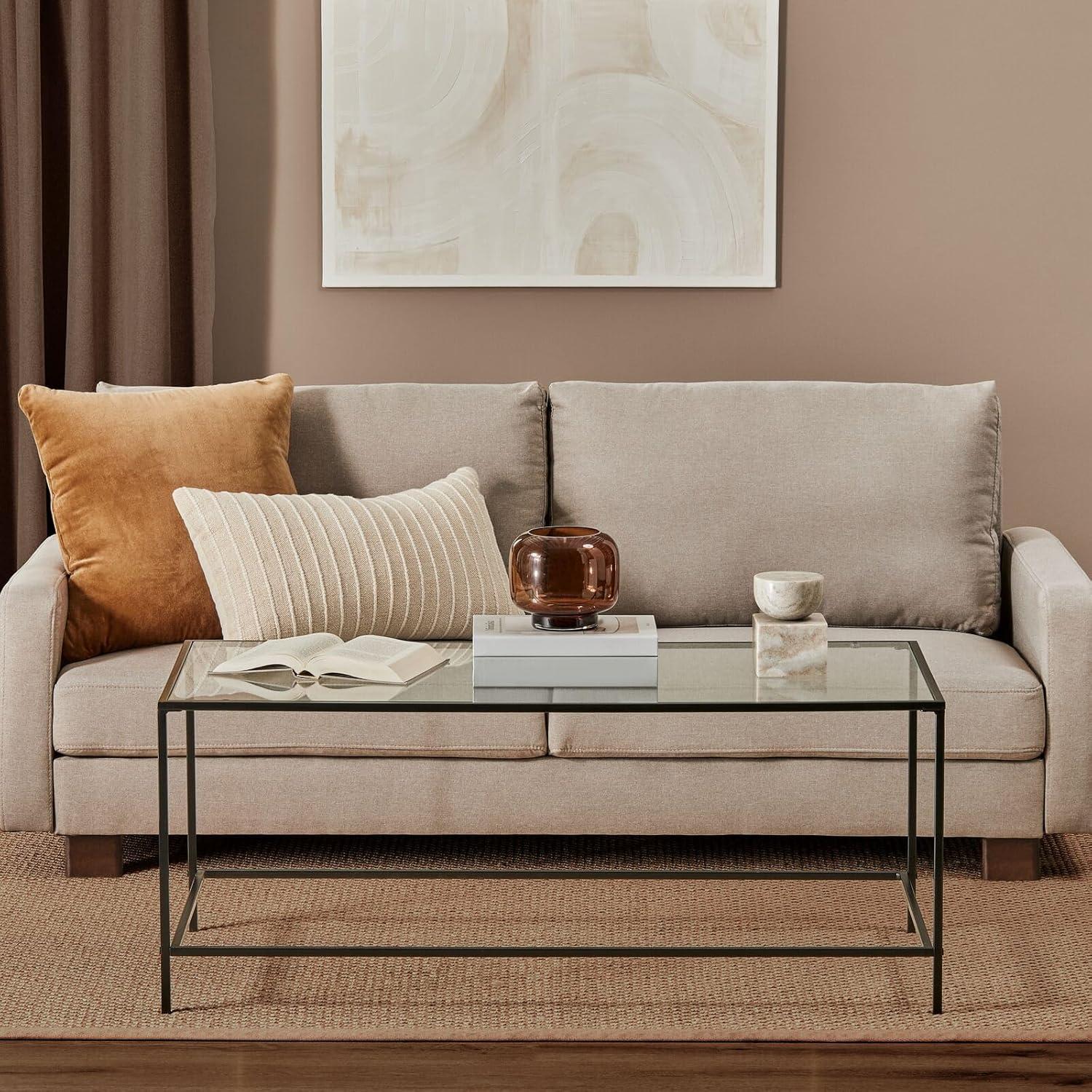 imagemDesign Glass Top Coffee Table  Large Minimalistic Rectangular Geometric Metal Accent Furniture Unit for Living Room Basement Home Office Garage and Bedroom  BlackBlack