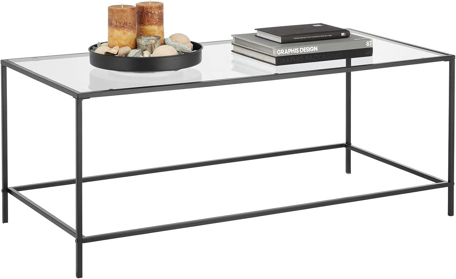 imagemDesign Glass Top Coffee Table  Large Minimalistic Rectangular Geometric Metal Accent Furniture Unit for Living Room Basement Home Office Garage and Bedroom  BlackBlack