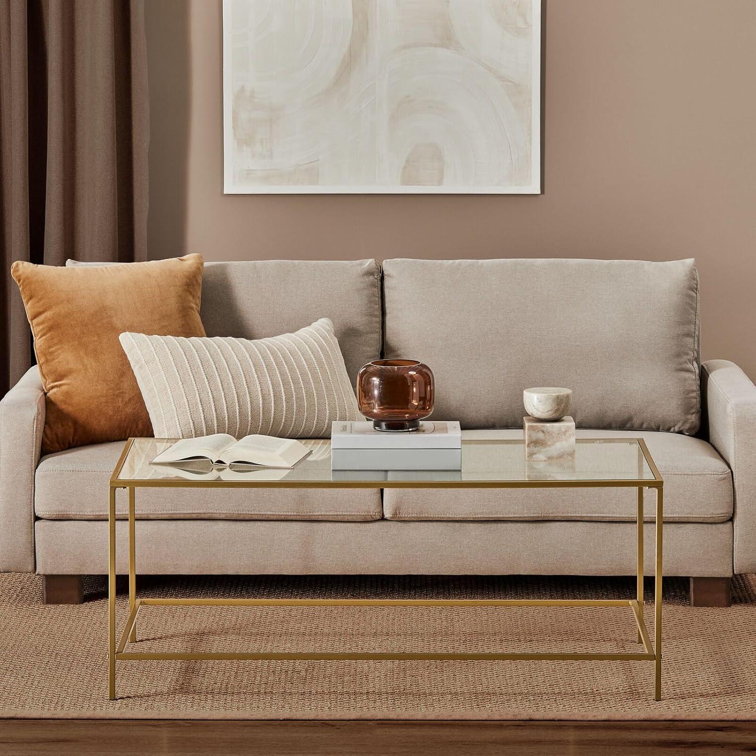 imagemDesign Glass Top Coffee Table  Large Minimalistic Rectangular Geometric Metal Accent Furniture Unit for Living Room Basement Home Office Garage and Bedroom  BlackSoft Brass
