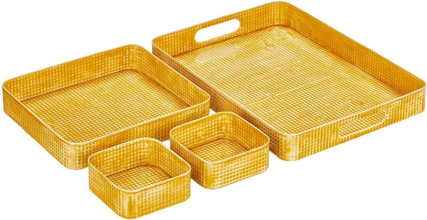 imagemDesign Nesting Hammered Stainless Steel Tray Set with Handles  Decorative Serving Trays for Entertaining  Holds Food Tea or Coffee  Metal Serving Platter for Breakfast Table  Set of 4  Yellow