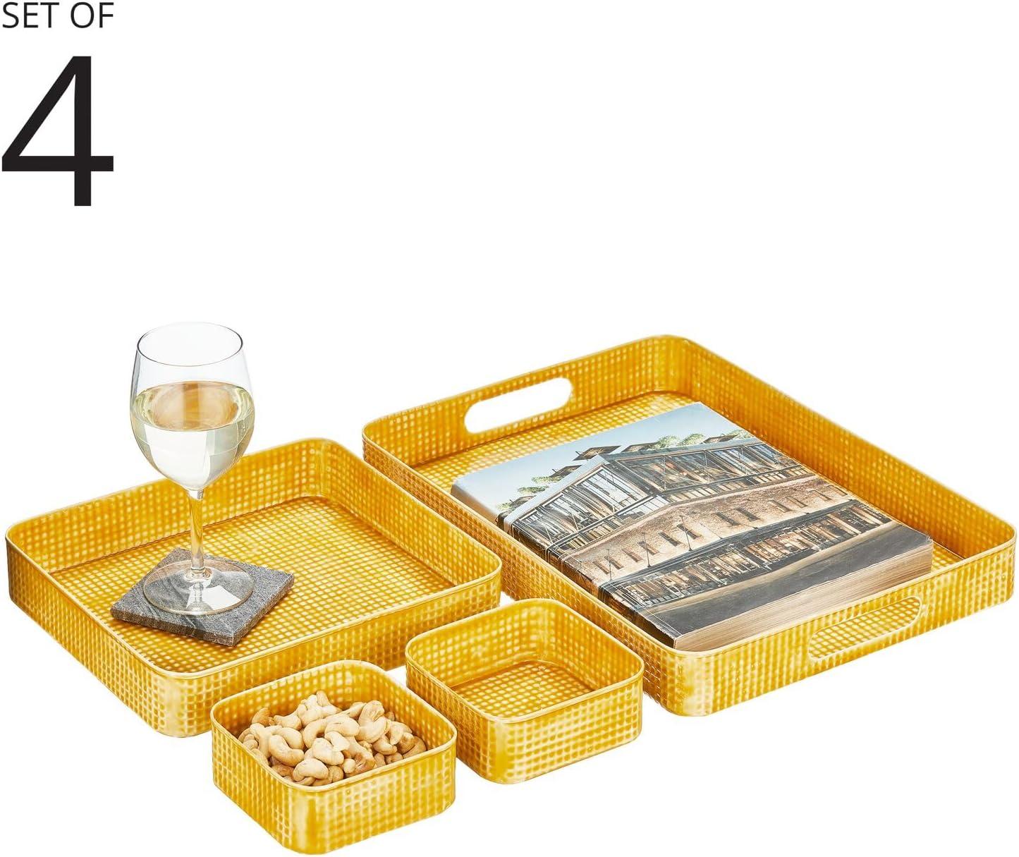 imagemDesign Nesting Hammered Stainless Steel Tray Set with Handles  Decorative Serving Trays for Entertaining  Holds Food Tea or Coffee  Metal Serving Platter for Breakfast Table  Set of 4  Yellow